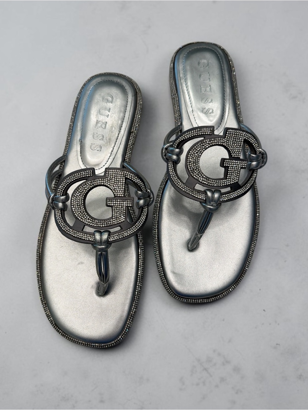 GUESS Metallic Silver Logo Thong Sandals with Crystal-Trim G